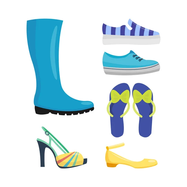 ชุดรองเท้าสตรี คอลเลกชันเวกเตอร์การออกแบบแบนของหนังสีมูคคาซิน รองเท้าบูทภาพประกอบ . — ภาพเวกเตอร์สต็อก