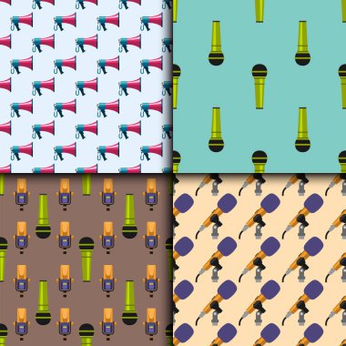 Retro mikrofonlar seamless modeli gazeteci vektör röportaj müzik yayın vokal aracı tv aracı.