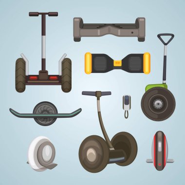 Segway monowheel solo tekerlek hoverboard gyroscooter Eko ulaşım vektör çizim ayarla