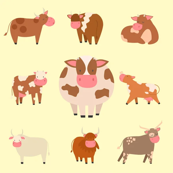 Stiere Kühe Bauernhof Tier Charakter Vektor Illustration Rinder Säugetier Natur Wildfleisch Landwirtschaft. — Stockvektor