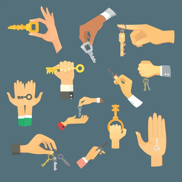 Hands holding key apartment selling human gesture sign security house concept vector illustration. — Stock Vector