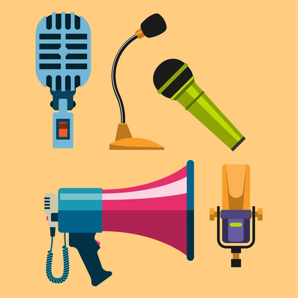 Different microphones types icons journalist vector interview music broadcasting vocal tool tv tool. — Stock Vector