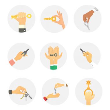 Anahtar daire insan jest satan holding eller güvenlik ev kavramı vektör çizim imzalamak.