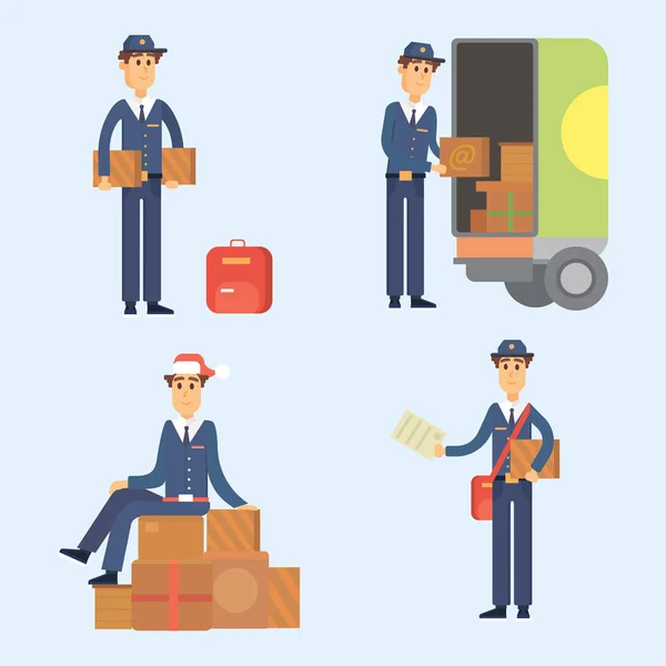 Postman delivery man character vector courier occupation carrier cute male package transportation. — Stock Vector