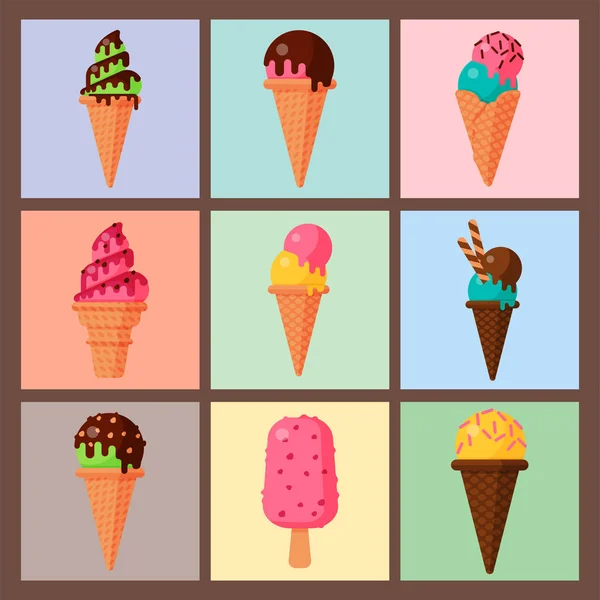 Słodki kreskówka zimne lody karty zestaw kolekcji smaczne lody mrożone wektor pyszne kolorowe desery — Wektor stockowy