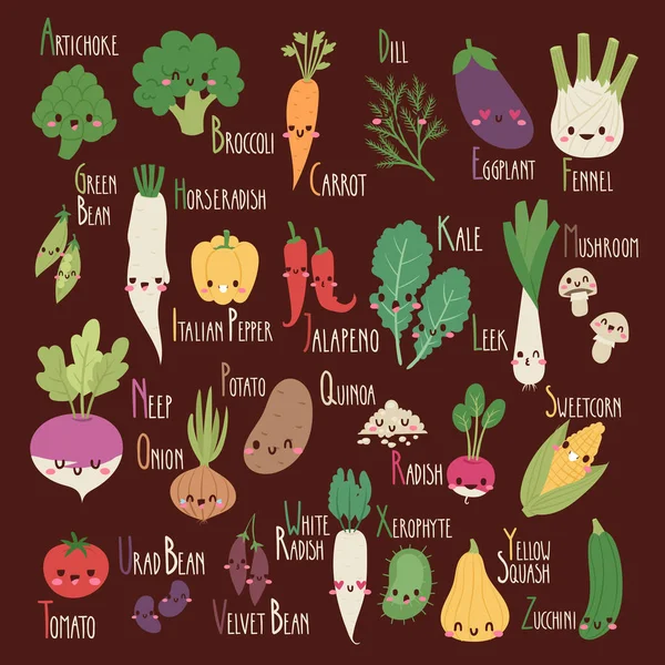 Alimento alfabeto vegetal fonte saudável emoticons letra fresco nutrição tipografia vetor ilustração —  Vetores de Stock