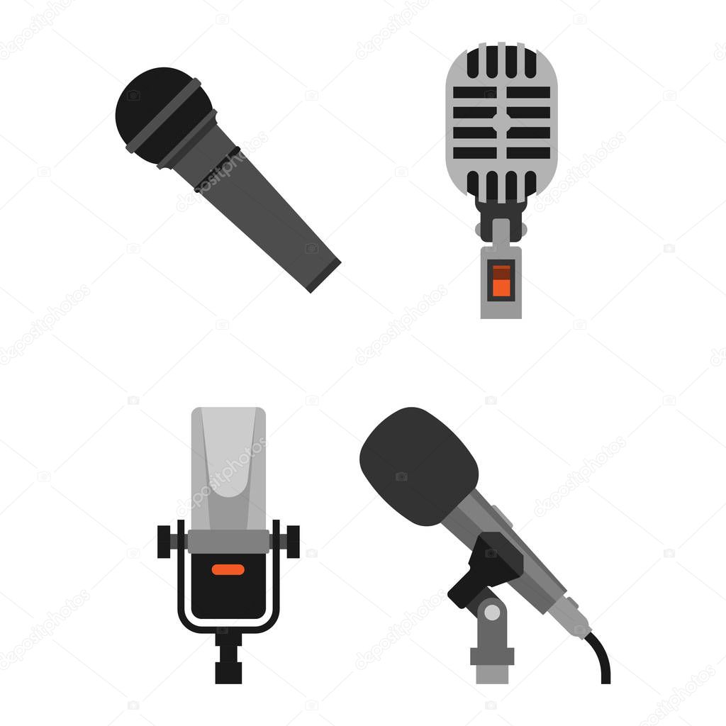 Different microphones types icons journalist vector interview music broadcasting vocal tool tv tool.