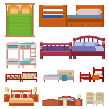 İç ev dinlenme koleksiyonu uyku mobilya rahat gece illüstrasyon vektör yatak Icon set.