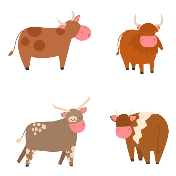 Stieren, koeien boerderij dieren karakter vector illustratie vee zoogdier natuur wild rundvlees landbouw. — Stockvector