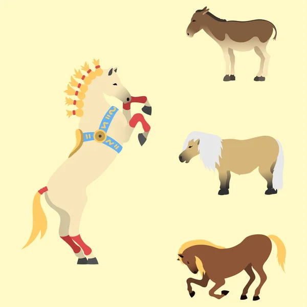 Caballo caballo caballo semental aislado diferentes razas color granja animal ecuestre caracteres vector ilustración . — Archivo Imágenes Vectoriales
