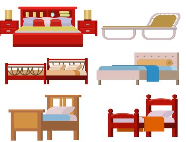 İç ev dinlenme koleksiyonu uyku mobilya rahat gece illüstrasyon vektör yatak Icon set.