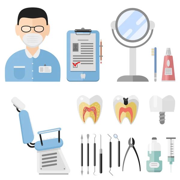 Lapos egészségügyi ellátás fogorvos orvosi eszközök orvosi eszköz higiéniai Sztomatológia vektoros illusztráció. — Stock Vector