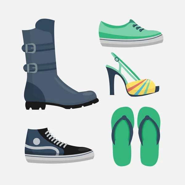 Set de zapatos para mujer diseño plano vector colección de cuero color mocasines botas ilustración . — Vector de stock