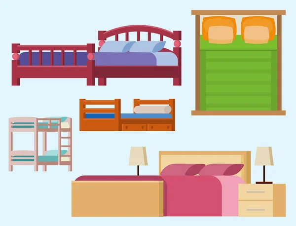 Icono de cama vectorial conjunto interior hogar descanso colección dormir muebles noche cómoda ilustración . — Vector de stock