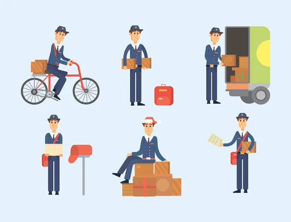 Postman delivery man character vector courier occupation carrier cute male package transportation. — Stock Vector