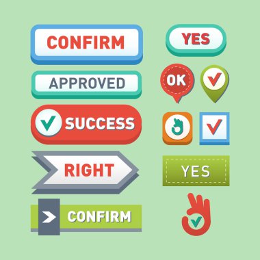 Renkli web sitesi Tamam düğmelerini tasarlamak vektör çizim parlak grafik etiket internet şablon onaylamak