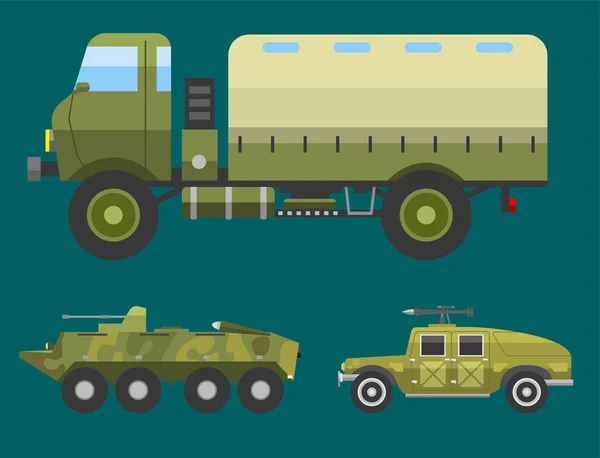 Katonai technika hadsereg háború közlekedés harci ipar technic páncél védelmi vektoros gyűjtemény — Stock Vector