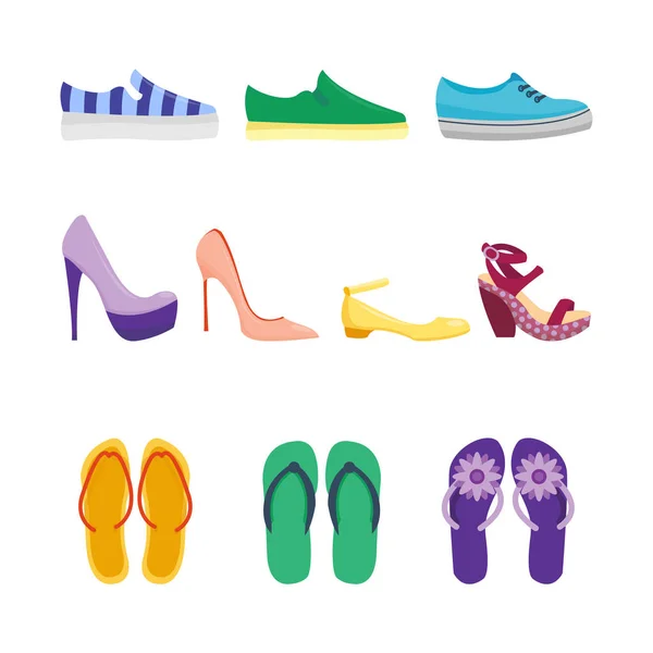 Набір жіночого взуття плоский дизайн Векторна колекція шкіряних мокасинів чоботи ілюстрація . — стоковий вектор