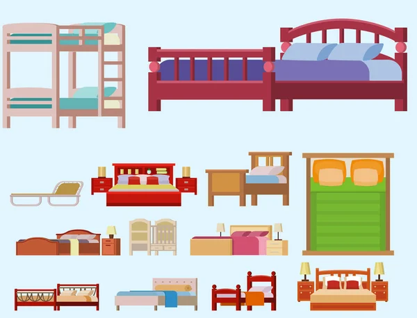 Διάνυσμα κρεβάτι ορίσει εσωτερικό σπίτι υπόλοιπο ύπνου συλλογή επίπλων άνετη διανυκτέρευση εικονογράφηση. — Διανυσματικό Αρχείο