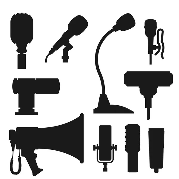 Різні типи мікрофонів значки журналіст векторне інтерв'ю музика мовлення вокальний інструмент телевізійний інструмент . — стоковий вектор