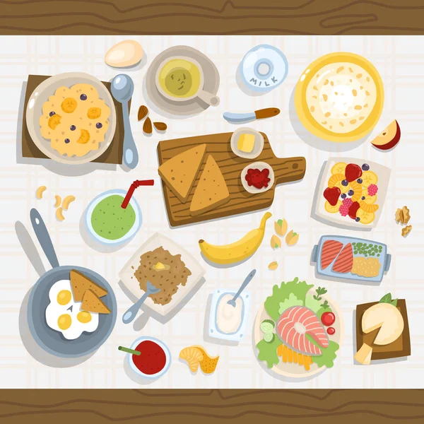 Concepto de comida saludable con ensaladeras frescas en la cocina encimera de madera vista superior vector ilustración — Vector de stock