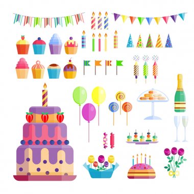 Parti simgeler kutlama mutlu yıllar sürpriz dekorasyon kokteyl olay yıldönümü vektör.
