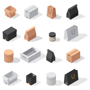 Hizmet veya hediye konteyner ambalaj illüstrasyon izole farklı kutu vektör izometrik simgeleri taşımak