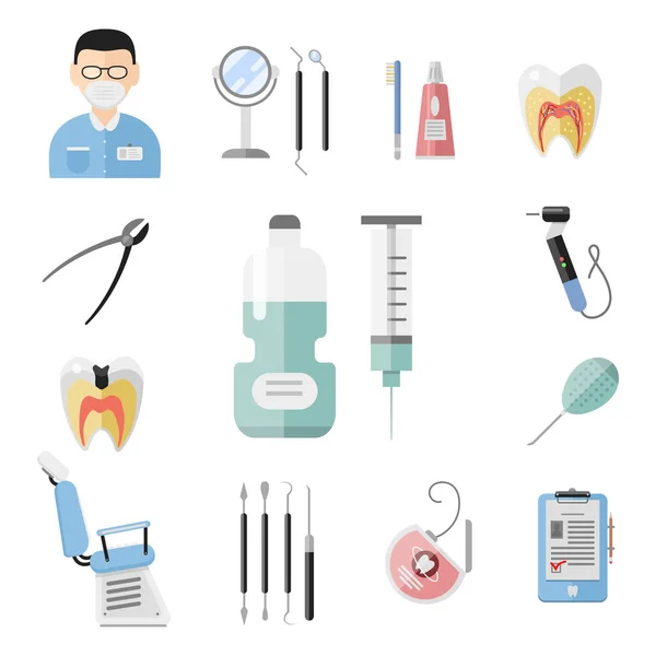 Плоский стоматолог Медицинские инструменты Медицинский инструмент гигиена стоматология векторная иллюстрация . — стоковый вектор