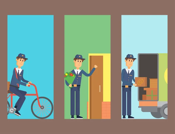 Postman delivery man cards character vector courier occupation carrier cute male package transportation. — Stock Vector