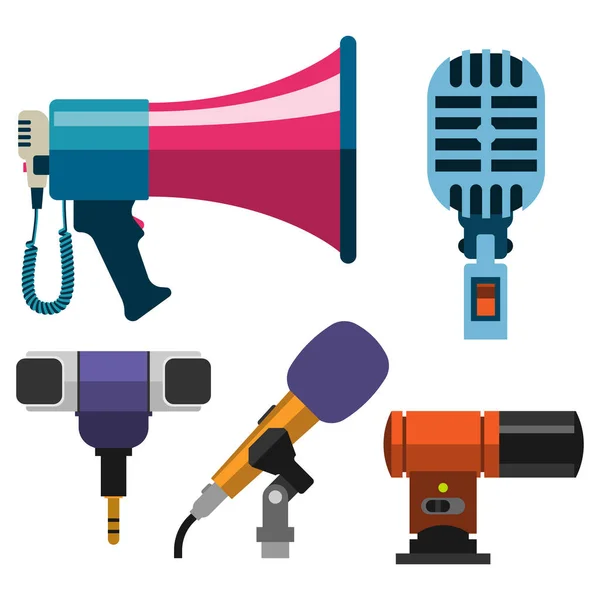 Diferentes tipos de micrófonos iconos periodista vector entrevista música radiodifusión herramienta vocal tv herramienta . — Archivo Imágenes Vectoriales