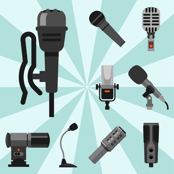 Různých mikrofonů typy ikony novinář vektorové rozhovor hudební vysílání vokální tv nástroj. — Stockový vektor