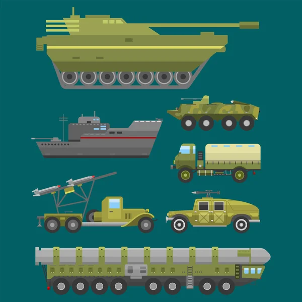 Vojenská technika armády války dopravní boj průmyslu technic brnění obrany vektorové kolekce — Stockový vektor