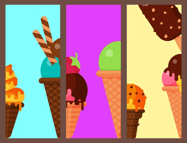 Süße Karikatur kaltes Eis Karten Set lecker gefrorenes Eis Sammlung Vektor köstliche bunte Desserts — Stockvektor