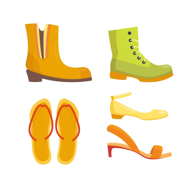 Ensemble de chaussures femme design plat collection vectorielle de cuir coloré mocassins bottes illustration . — Image vectorielle