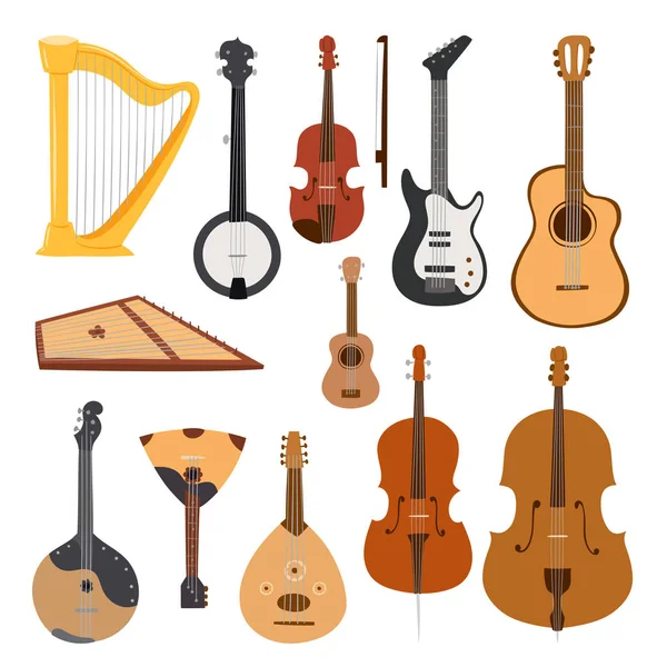 Instrumentos musicais Stringed instrumento clássico orquestra ferramenta vetor ilustração isolado no branco — Vetor de Stock