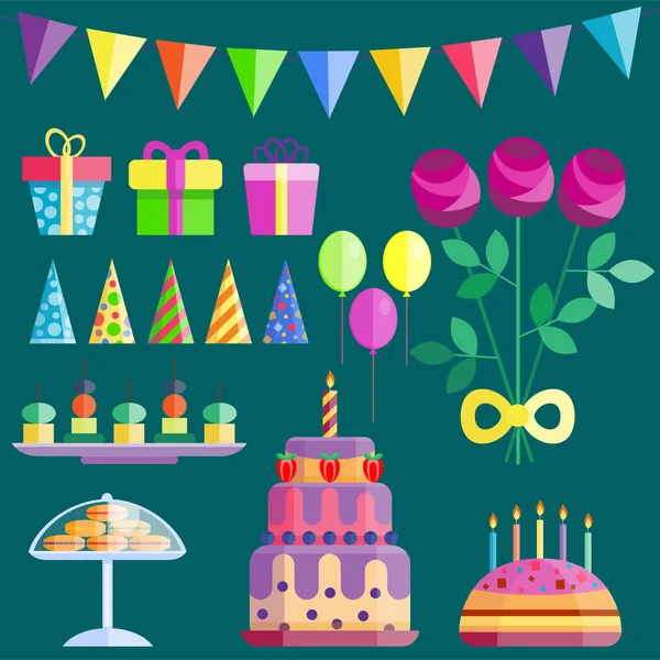 Party icons celebration happy birthday surprise decoration cocktail event anniversary vector. — Stock Vector
