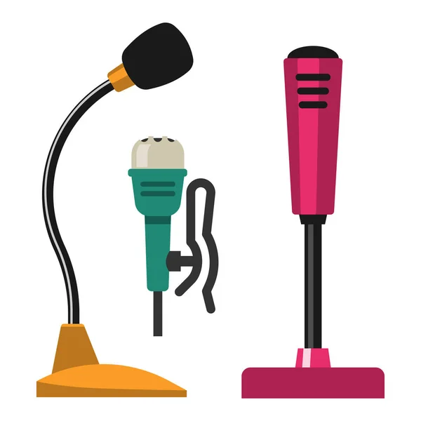 Diferentes tipos de micrófonos iconos periodista vector entrevista música radiodifusión herramienta vocal tv herramienta . — Archivo Imágenes Vectoriales