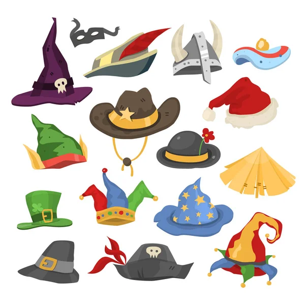 Diferentes sombreros de carnaval divertido día de fiesta y mascarada celebración tradicional vector ilustración — Vector de stock