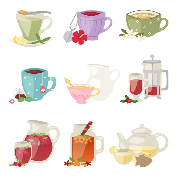 Diferentes vasos de bebidas de marca de té y tetera en frascos de vidrio saludable alimentación vector ilustración . — Archivo Imágenes Vectoriales