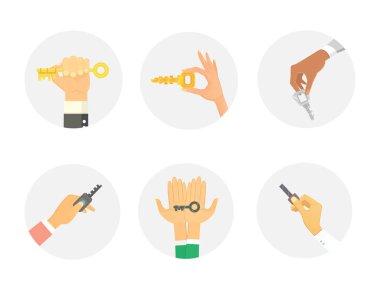 Anahtar daire insan jest satan holding eller güvenlik ev kavramı vektör çizim imzalamak.