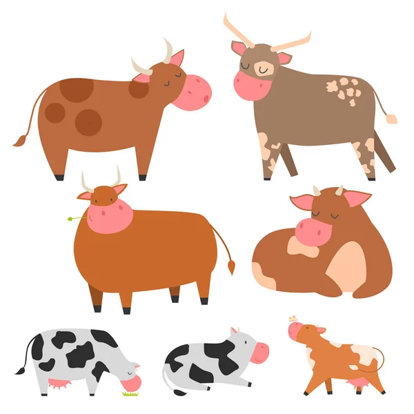 Ταύροι αγελάδες αγρόκτημα ζώων χαρακτήρα διανυσματικά εικονογράφηση βοοειδή θηλαστικό φύση άγρια βοείου κρέατος γεωργία. — Διανυσματικό Αρχείο