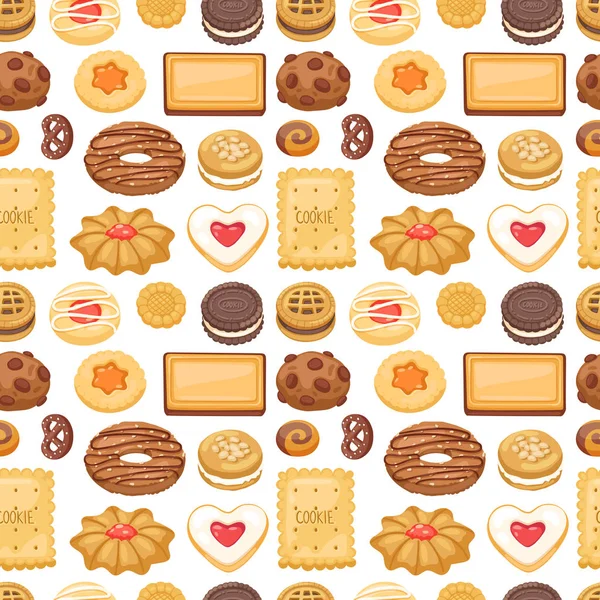 Diferentes pastel de galletas aislado vector patrón sin costura comida dulce — Vector de stock