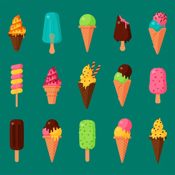 Słodki kreskówka zestaw zimne Lody i smaczne lody mrożone kolekcji wektor pyszne kolorowe desery — Wektor stockowy