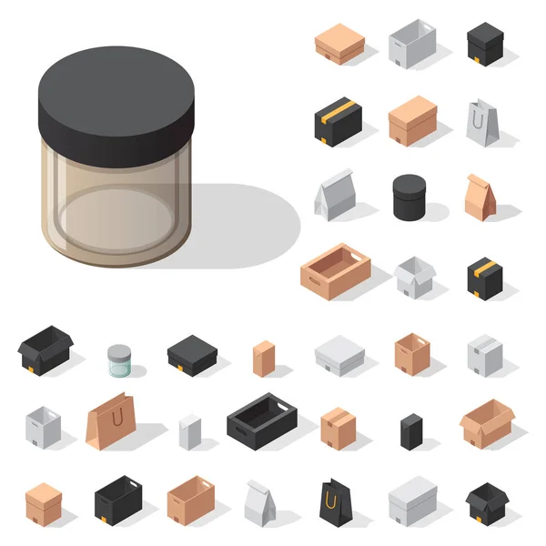 Diferentes iconos isométricos de vectores de caja servicio de movimiento aislado o regalo contenedor de embalaje ilustración — Archivo Imágenes Vectoriales