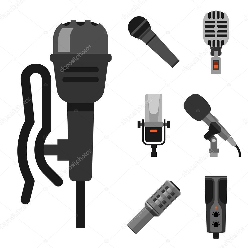 Different microphones types icons journalist vector interview music broadcasting vocal tool tv tool.