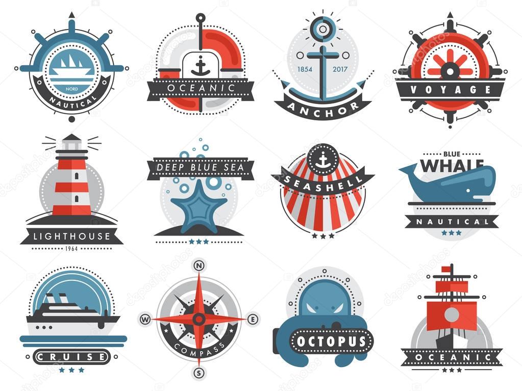 Nautical logos templates set marine labels sea badges anchor design emblems graphics vector illustration. Ship silhouettes traditional navigation adventure style.