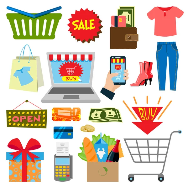 Supermarché web shopping cartoon set nourriture et commerce produits boutique icônes isolé sur l'illustration vectorielle blanche . — Image vectorielle