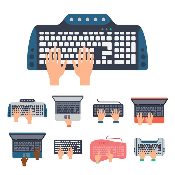 Los usuarios manos en el teclado y el ratón de la tecnología informática de Internet herramienta de mecanografía trabajo vector ilustración — Vector de stock