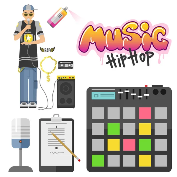 Hip hop karakter muzikant met microfoon breakdance expressieve rap portret vectorillustratie. — Stockvector