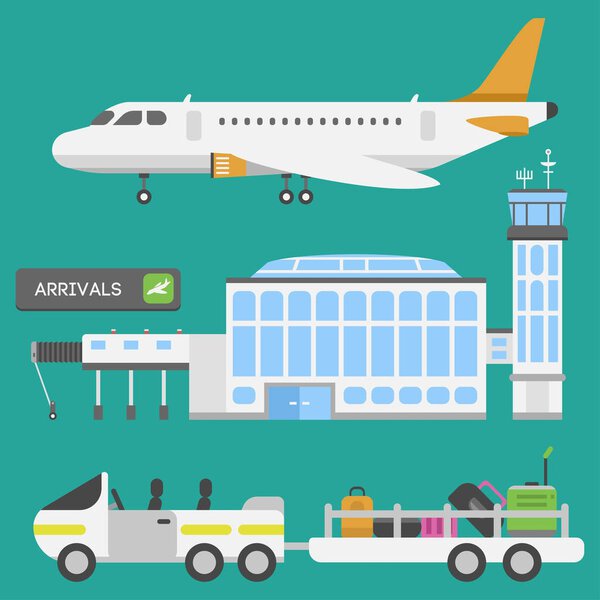 Plane airport transport symbols flat design illustration station concept air port symbols departure luggage plane business vector